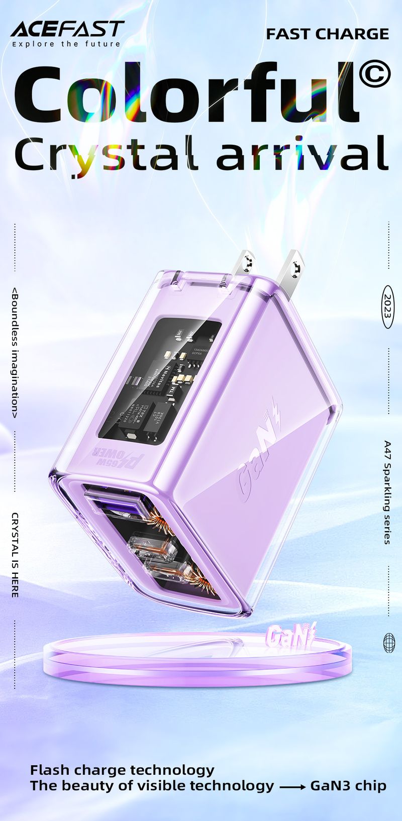Acefast A47 Gan3 65w 電話充電器 Us プラグ、クリスタル 3 ポート急速